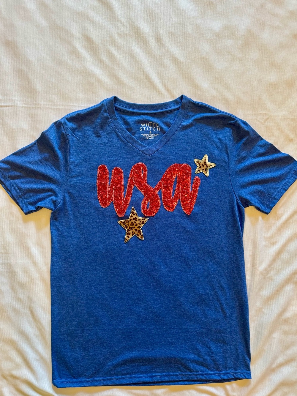 Blue V-Neck Tee with Red 'USA' Sequin Script, Women’s Small